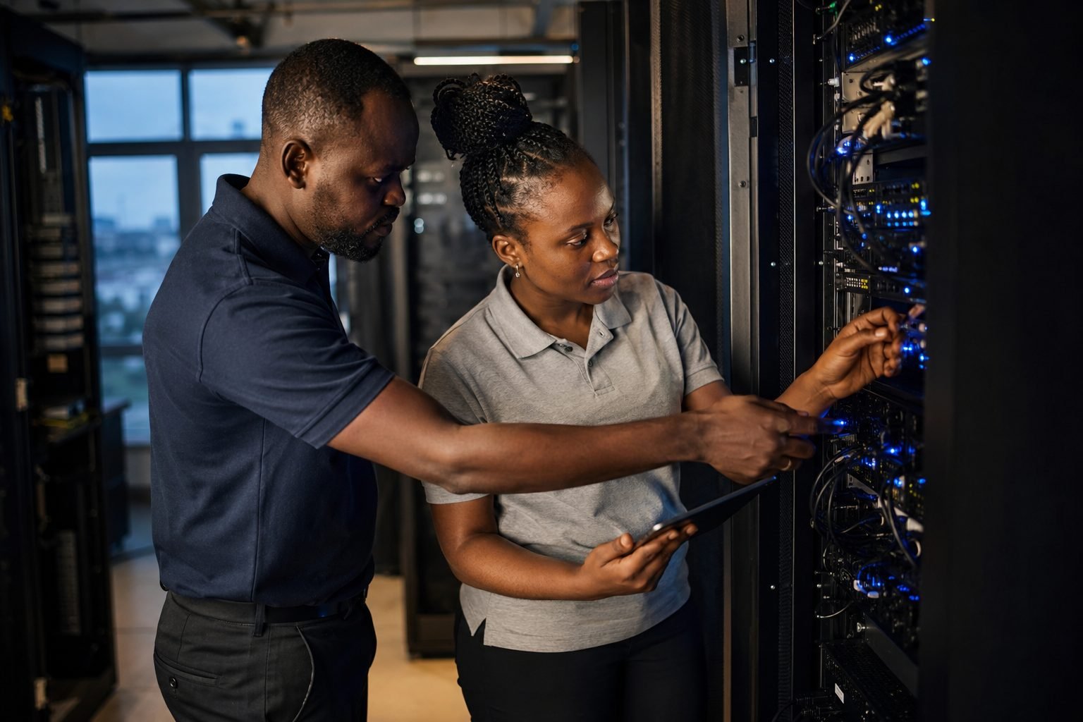 Techniciens L'@ssocié en intervention sur une infrastructure réseau