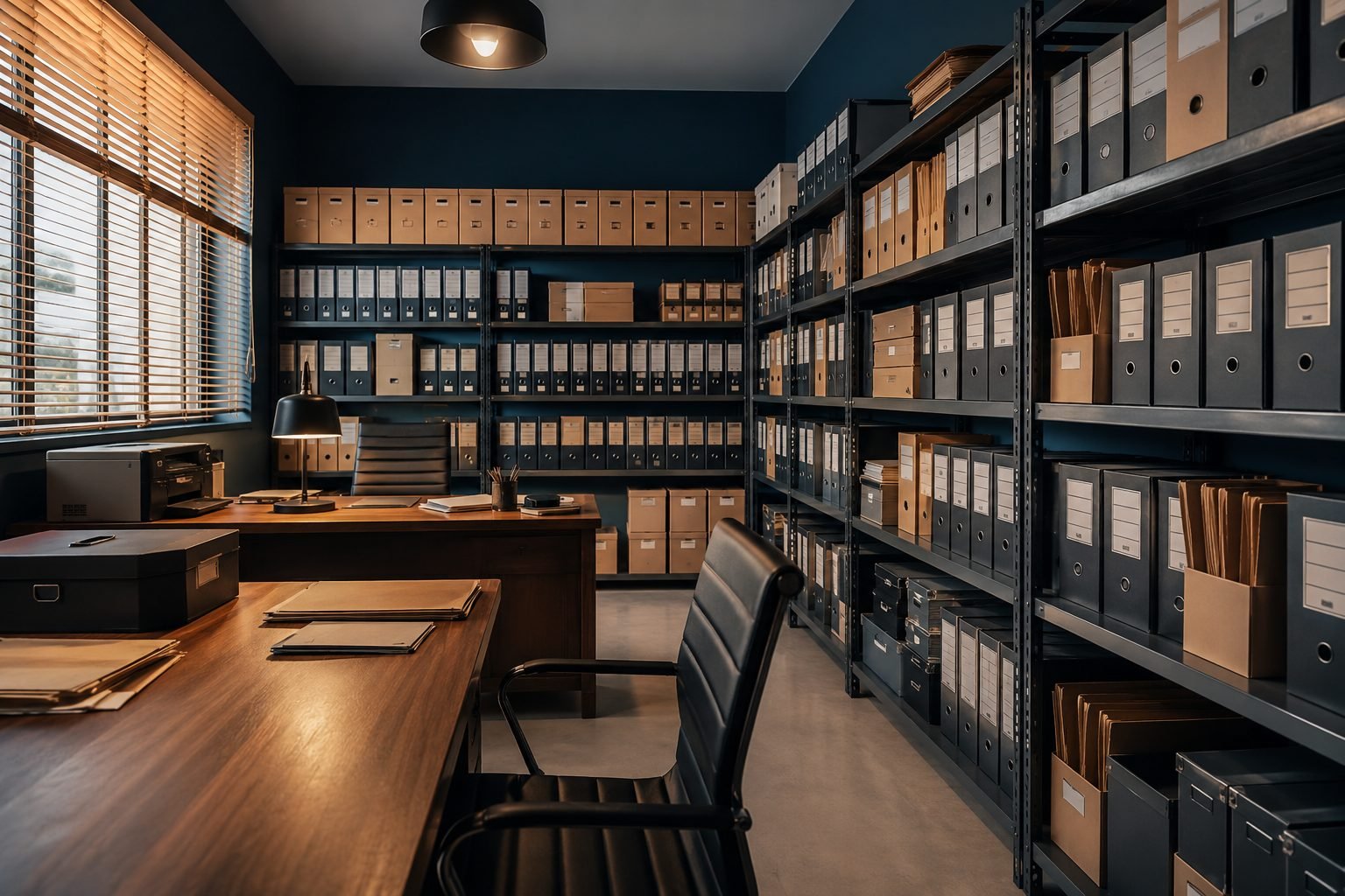 Salle d'archives physiques aménagée et organisée