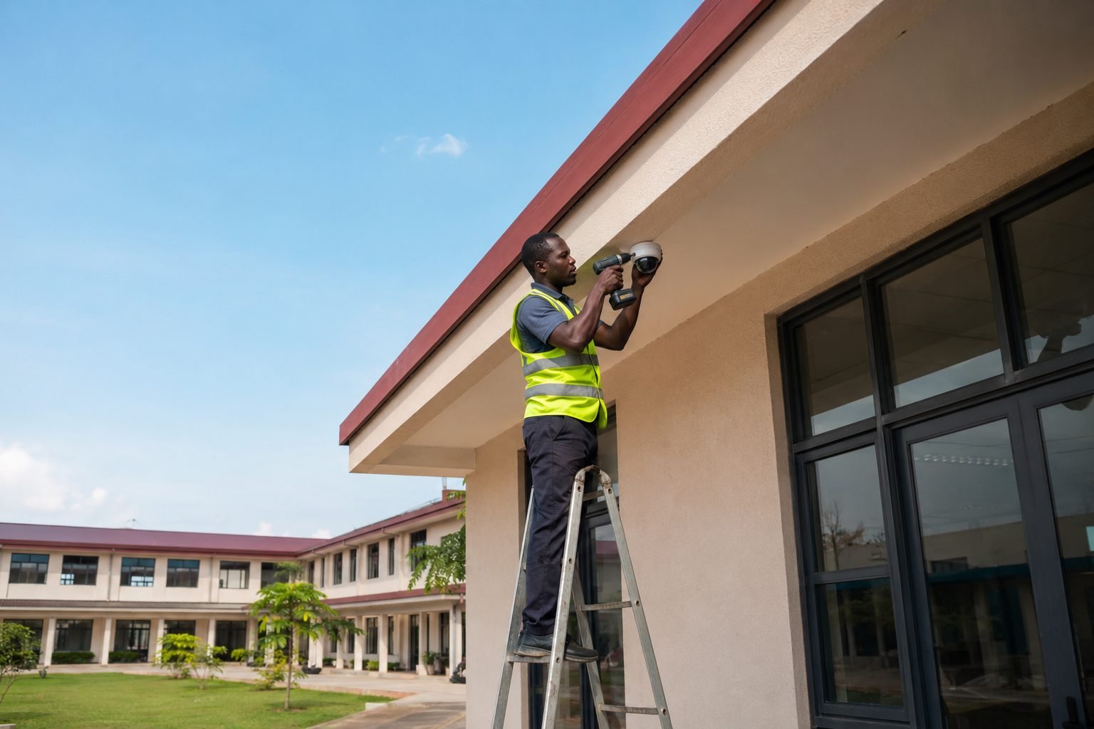 Caméra de vidéosurveillance installée sur un bâtiment scolaire