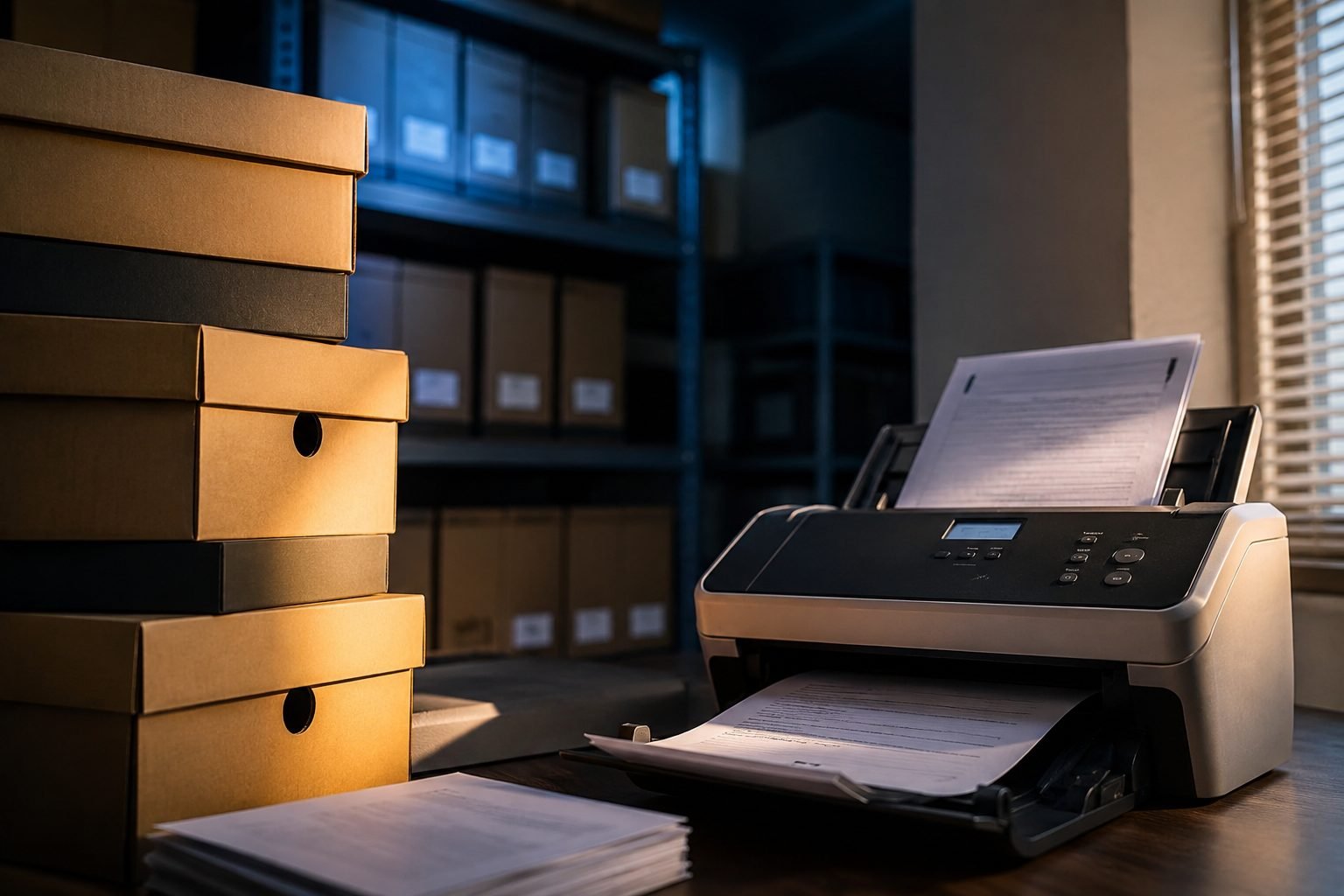 Boîtes d'archives et scanner de numérisation de documents
